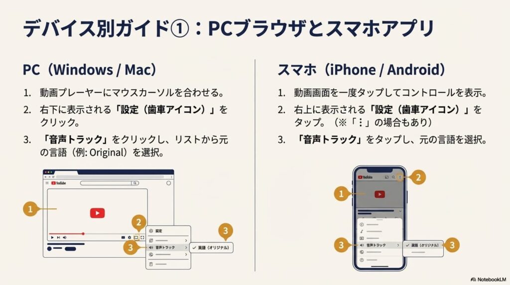 パソコンのブラウザ画面とスマートフォンのアプリ画面それぞれのスクリーンショット。歯車アイコンの位置と、音声トラック変更メニューの表示方法を解説している。