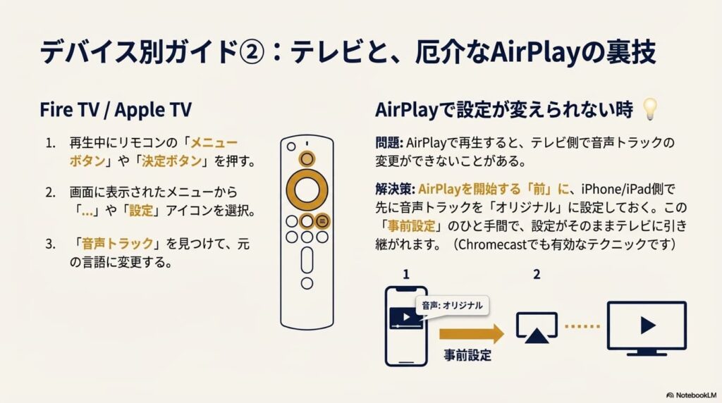 Fire TVやApple TVのリモコン操作でメニューを呼び出す方法の図解。また、AirPlay使用時はiPhone側で事前に音声を変更しておく必要があることを説明している。
