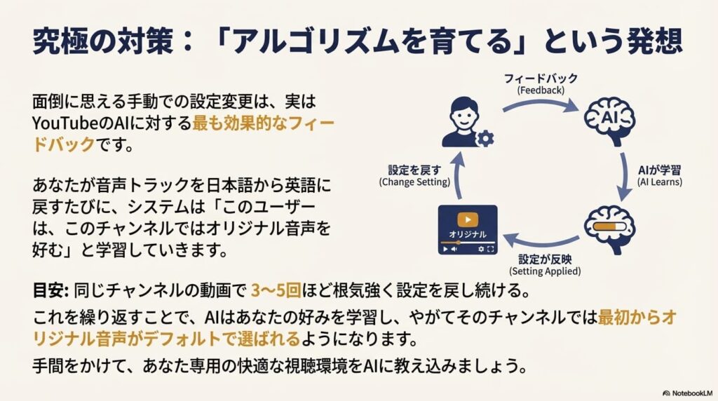 ユーザーが手動で設定を戻すことがフィードバックとなり、AIが学習し、最終的に自動でオリジナル音声が選ばれるようになる循環サイクルを示した図。