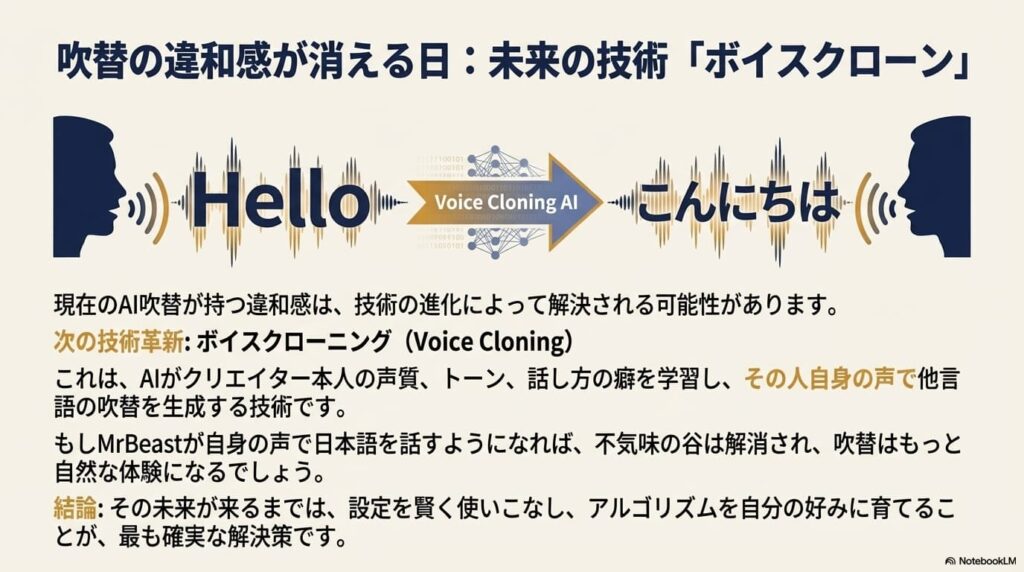AIがクリエイター本人の声を学習し、その声質のまま多言語を話す「Voice Cloning AI」の概念図。将来的に違和感が解消される可能性を示している。