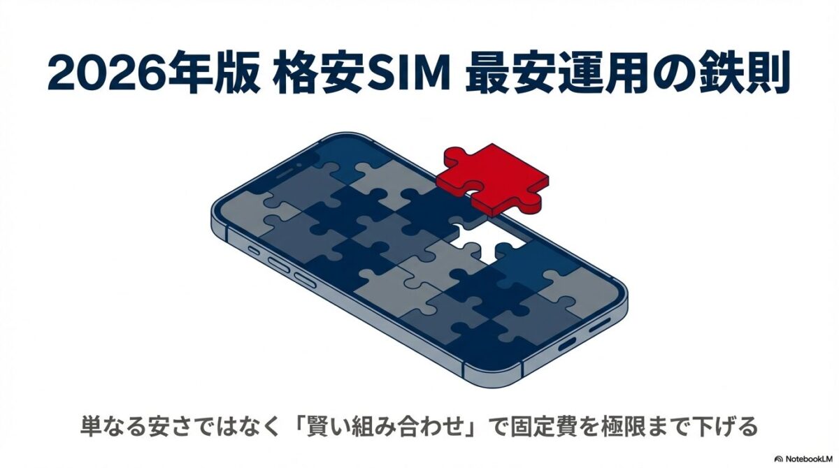 スマートフォンの上にパズルをはめ込むイラスト。2026年の格安SIM最適化をイメージ。
