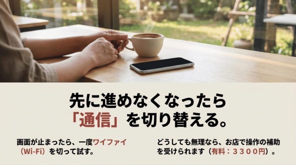 ahamoの手続きで画面が止まった場合はWi-Fiを切り替え、難しい場合は有料の店舗サポートを利用できることを示す図