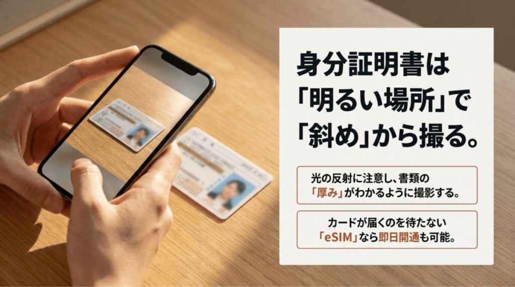 ahamoの本人確認では明るい場所で身分証明書を斜めから撮影し、eSIMなら即日開通も可能と示す図