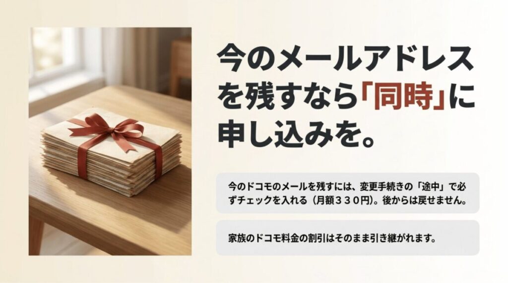 ahamoへ変更する際にドコモメールを残すなら同時に申し込みが必要で、家族のドコモ割引は引き継がれることを示す図