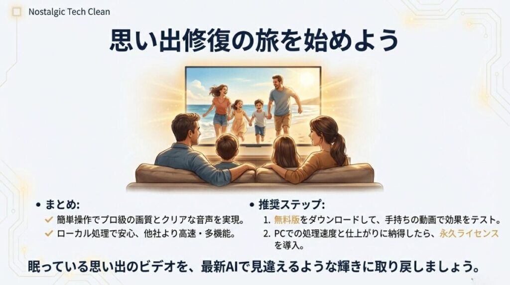 劣化を放置せず、最新のAI技術で動画コレクションの輝きを取り戻す。公式サイトから無料版をダウンロード。