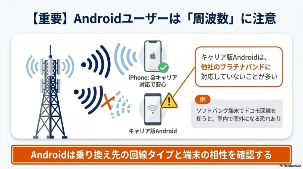 キャリア版Android端末を他社回線で使う際、プラチナバンド非対応により室内で圏外になるリスクの説明。