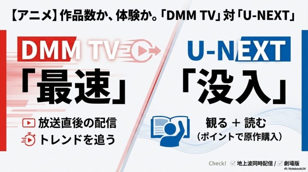 アニメ視聴におけるDMM TVとU-NEXTの比較。放送直後の最速配信と、ポイントでの原作購入による没入体験の違い。