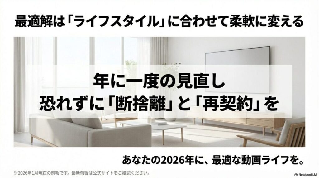 年に一度のサブスク見直しの重要性。ライフスタイルに合わせて恐れずに断捨離と再契約を行う提案。