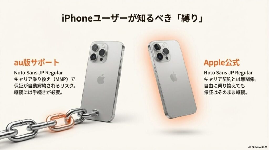 au版はMNPで自動解約されるリスクがあるのに対し、Apple公式はキャリア契約に関係なく継続できるという、iPhoneユーザーが知るべき「縛り」の違いを解説したスライド。