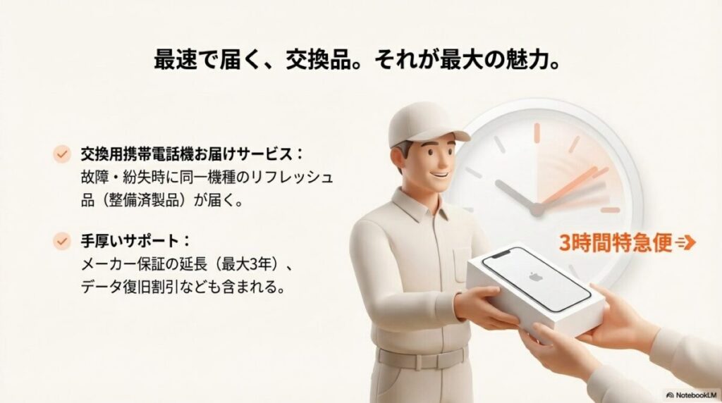 最速で届く交換品が最大の魅力であることを伝え、故障・紛失時にリフレッシュ品が届く点や、3時間特急便、最大3年のメーカー保証延長などの手厚いサポート内容をまとめたスライド。