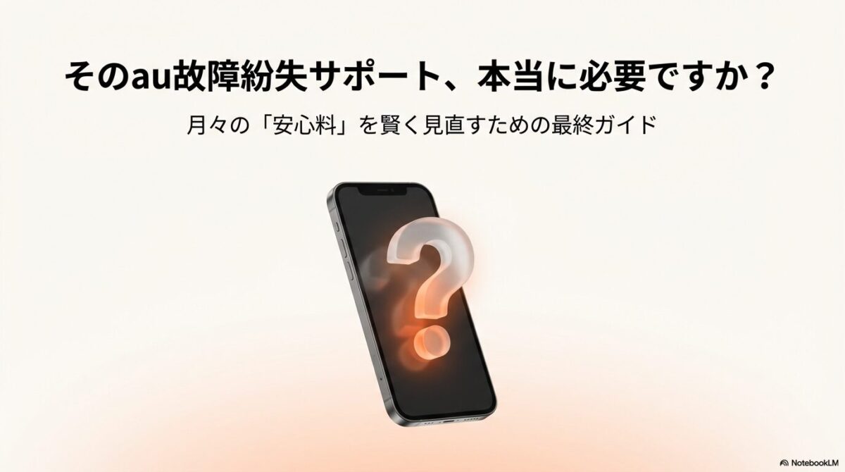 「そのau故障紛失サポート、本当に必要ですか？」という問いかけと、月々の安心料を賢く見直すための最終ガイドという表紙スライド。
