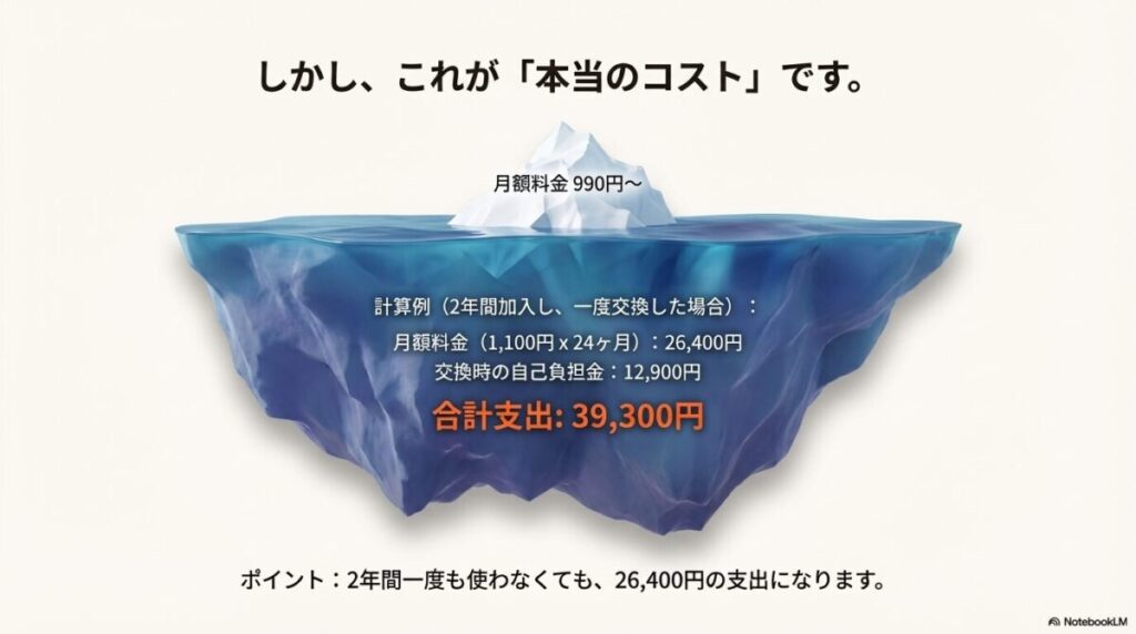 月額料金1,100円に2年間加入し一度交換した場合の合計支出が39,300円になる計算例。一度も使わなくても26,400円の支出になるポイントを強調したスライド。