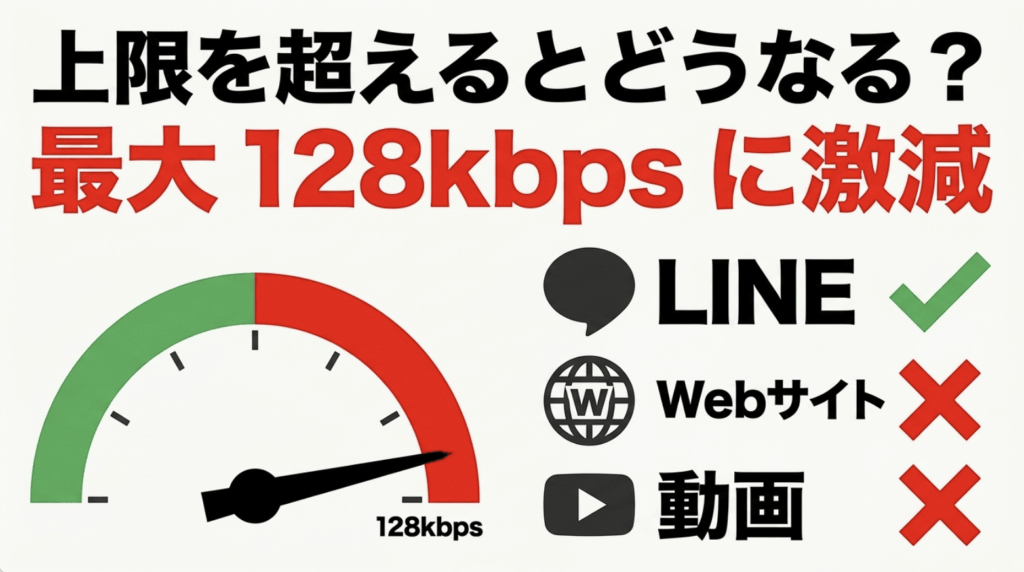 auのテザリング上限超過後は最大128kbpsとなり、LINEは利用できてもWeb閲覧や動画視聴が難しいことを示す図
