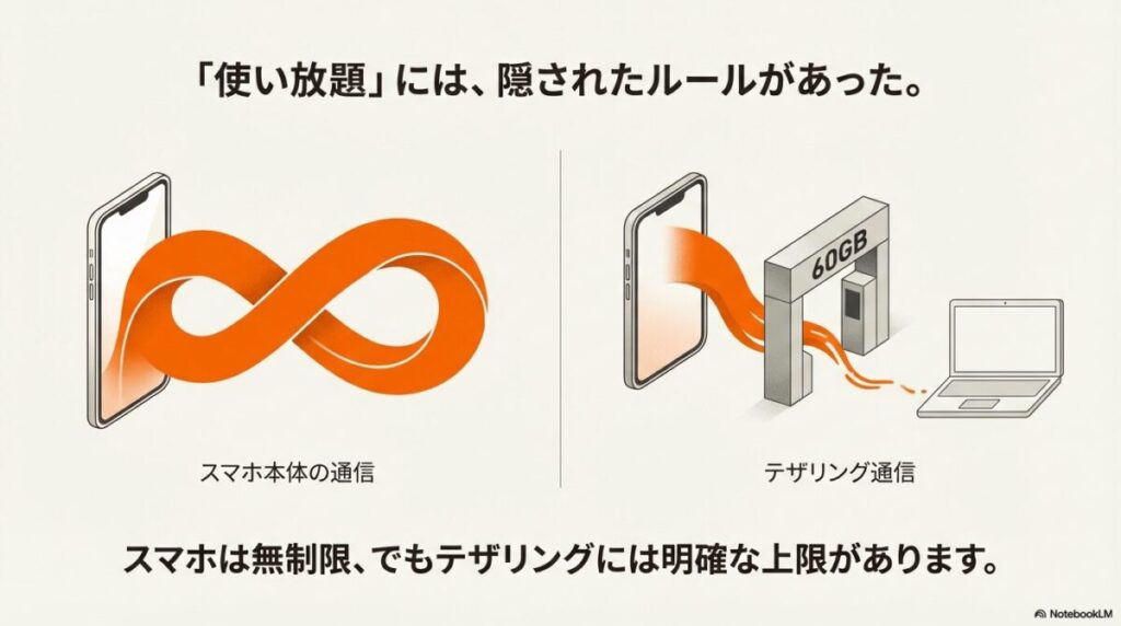 スマホ本体の通信は無制限だが、テザリング通信には「60GB」というゲート（上限）が設けられていることを示す比較イラスト。