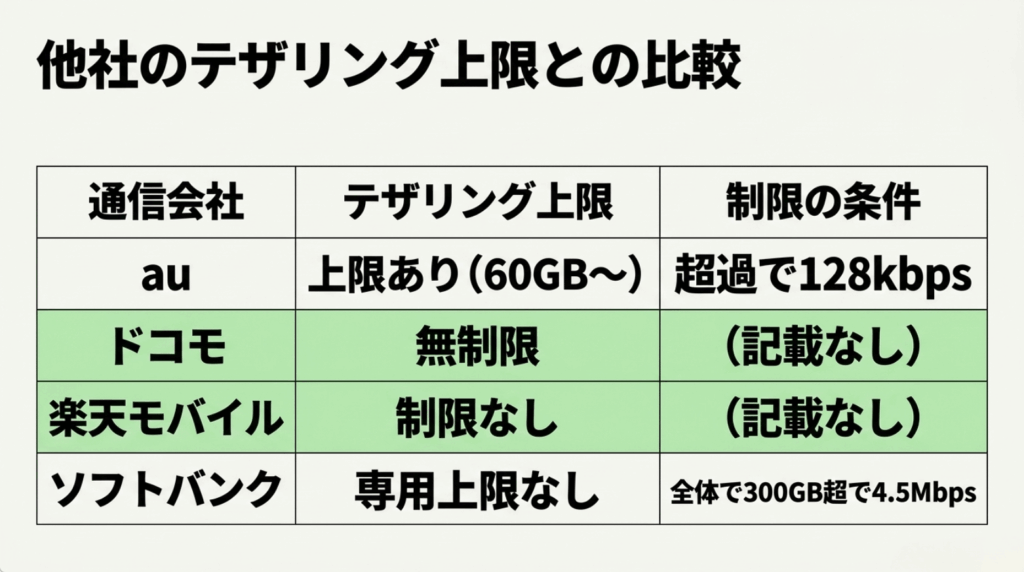 au、ドコモ、楽天モバイル、ソフトバンクのテザリング上限と速度制限を比較した表