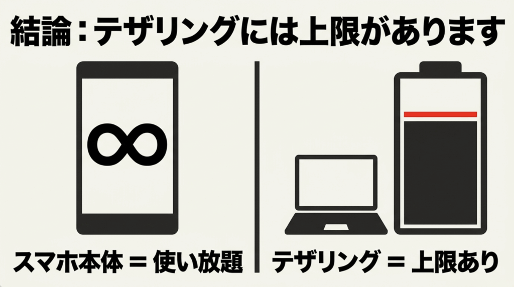 auはスマホ本体の通信が使い放題でもテザリングには上限があることを示す比較図