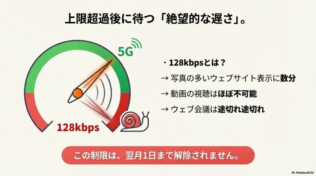 スピードメーターが赤ゾーンを指し、カタツムリのアイコンと共に128kbpsの制限内容（動画視聴不可、ウェブ表示に数分など）を説明する画像。