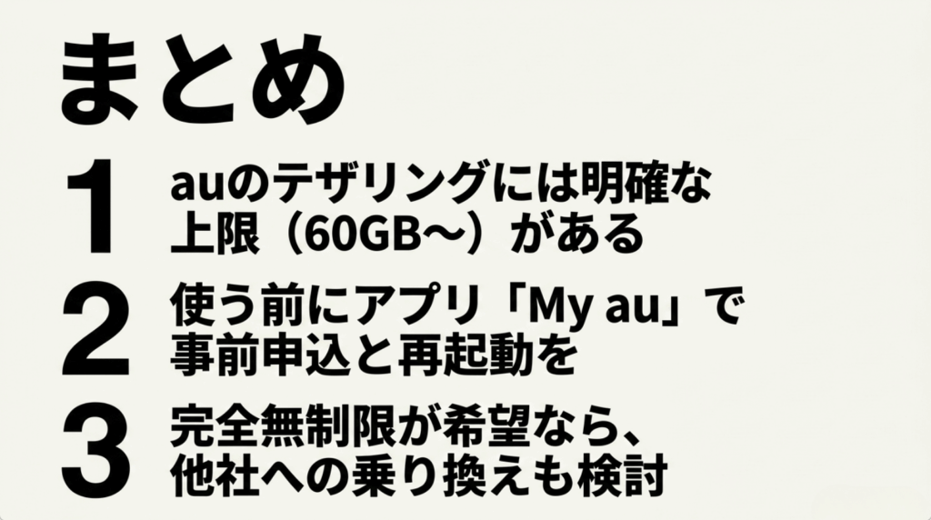 auテザリングには上限があること、My auでの事前申し込みと再起動が必要なこと、上限なしを希望する場合は他社も選択肢になることを示すまとめ