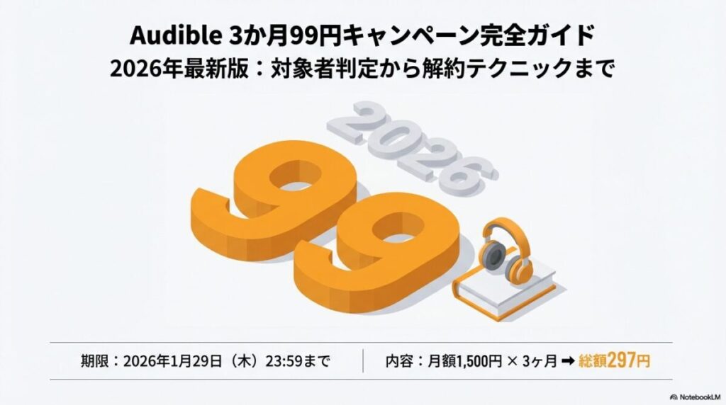 Audibleの3か月間99円キャンペーン2026年最新版の表紙スライド。対象者判定から解約テクニックまでを網羅したガイドの紹介。