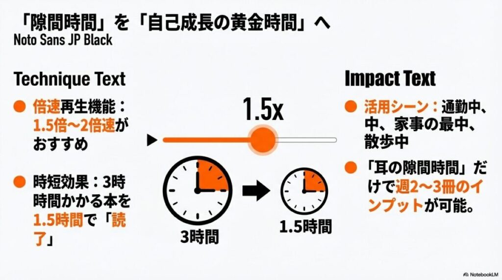 Audibleの倍速再生機能（1.5倍から2倍速）を使って、3時間の本を1.5時間で聴き終える時短テクニックの図解。