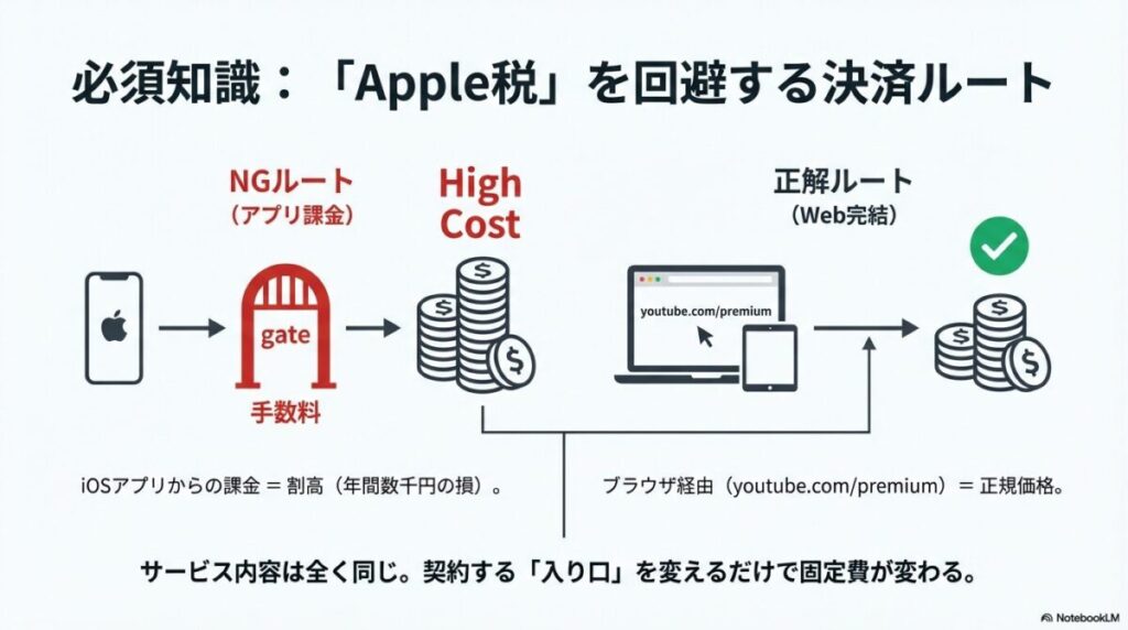 アプリ課金のNGルートと、ブラウザ経由で正規価格にて契約する正解ルートの比較図