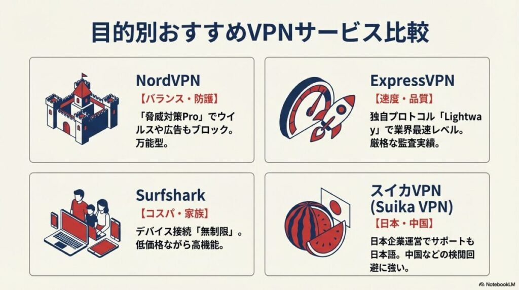 NordVPN、ExpressVPN、Surfshark、スイカVPNそれぞれの強み(バランス、速度、コスパ、日本企業運営)をアイコンと共に比較したスライド。