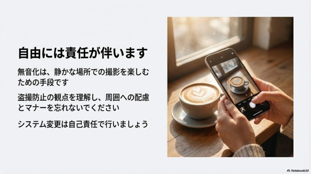 静かな場所での撮影マナー、盗撮防止、システム変更の自己責任についての注意喚起。