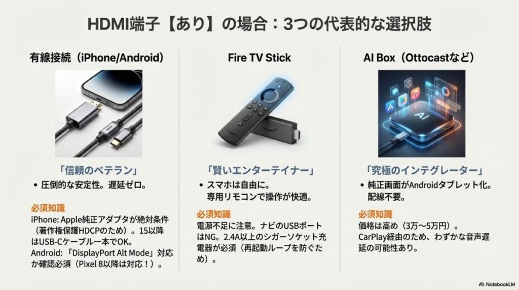 有線接続、Fire TV Stick、AI Boxの3つのデバイスそれぞれの特徴(安定性、操作性、拡張性)と必須知識を比較した一覧スライド。
