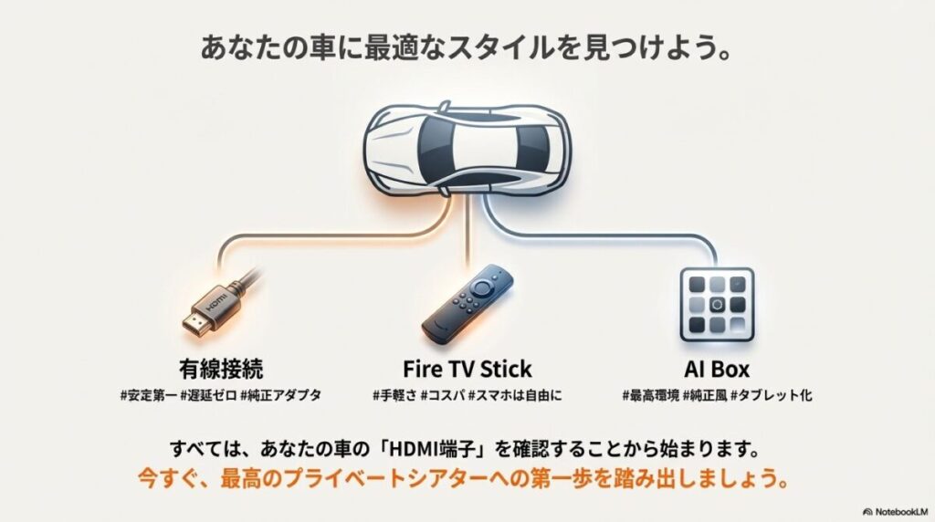 有線接続、Fire TV Stick、AI Boxの3つのスタイルを振り返り、最高のプライベートシアターへの第一歩を促す結びのスライド。