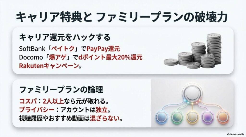 ソフトバンクやドコモの還元施策と、プライバシーが保たれるファミリープランの仕組み