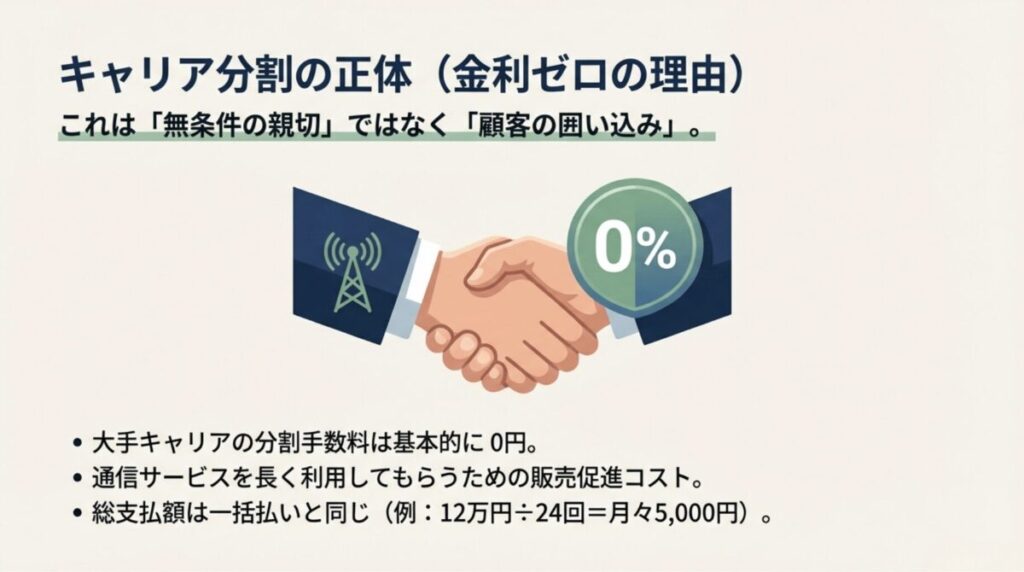 キャリアの分割手数料が0円なのは顧客の囲い込みを目的とした販売促進コストであることを示す、握手のイラストが入ったスライド。