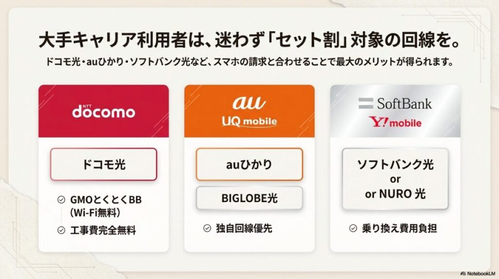 ドコモ、ソフトバンク、au、UQモバイル、ワイモバイルの各ユーザーに最適な、セット割対象の光回線マップ。