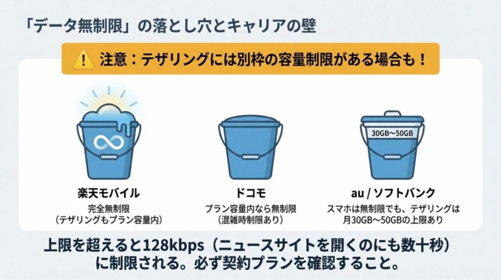 楽天モバイル、ドコモ、au、ソフトバンクのテザリング容量制限の違いを解説したイラスト。au・ソフトバンクには上限があることを注意喚起している。