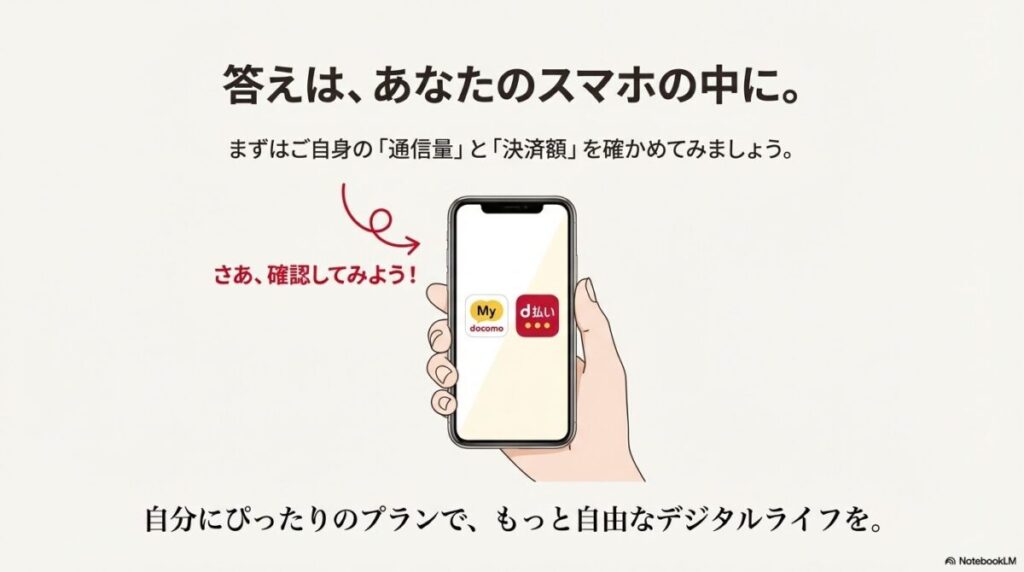 スマートフォンを手に持ち、My docomoアプリとd払いアプリでの確認を促すイラスト