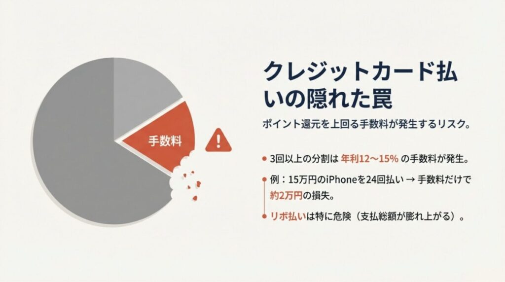 クレジットカードでの3回以上の分割払いは年利12〜15%の手数料が発生し、ポイント還元を上回る損失が出るリスクを警告する円グラフのスライド。