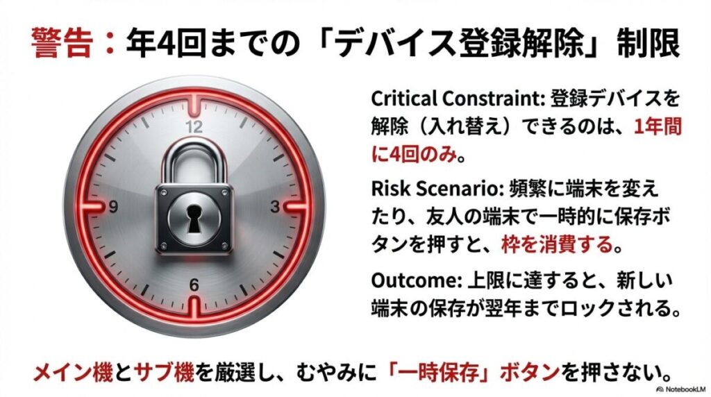 登録デバイスの解除ができるのは年間4回までという制限と、ロックされるリスクの警告