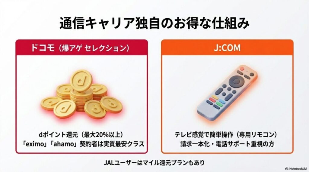 ドコモのdポイント還元、J:COMの専用リモコン操作、JALのマイル還元など、通信キャリアや提携サービス経由で契約するメリットの比較。