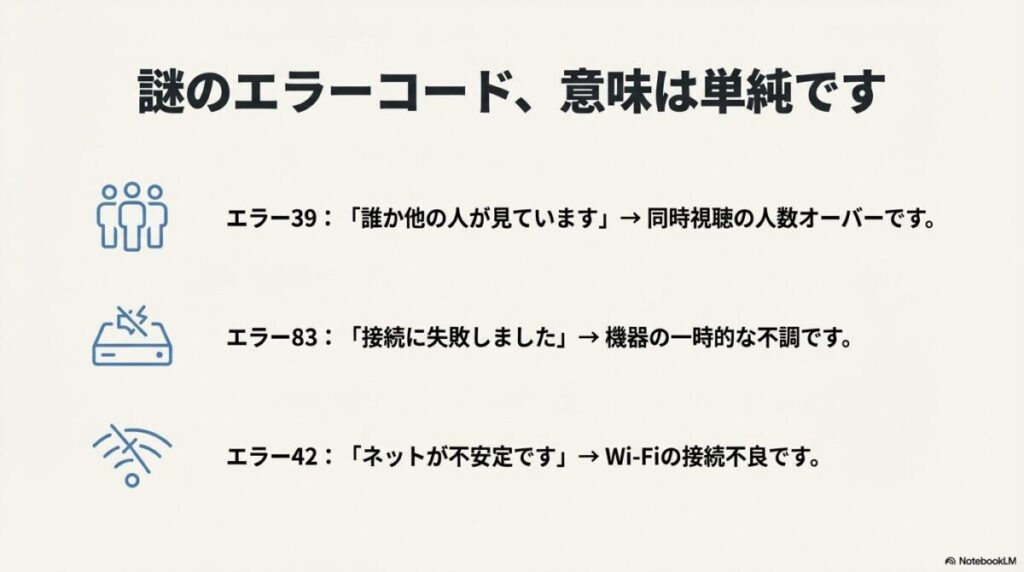 同時視聴制限や接続失敗など、エラーコードごとの原因まとめ
