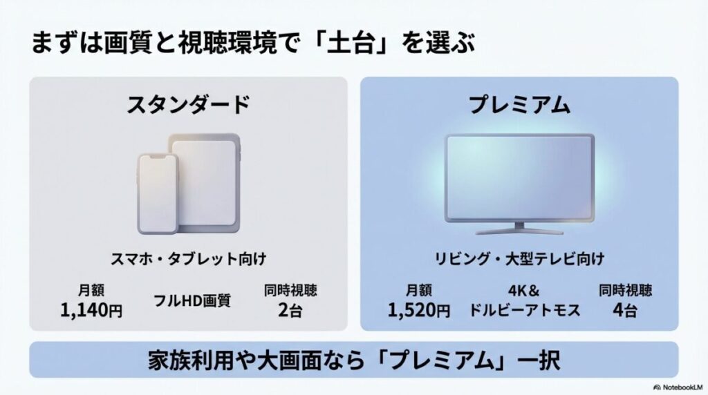 スタンダード(月額1,140円・2台同時視聴)とプレミアム(月額1,520円・4K画質・4台同時視聴)の違いをまとめた比較図。