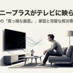 テレビ画面が真っ暗で困っている男性のイラスト。ディズニープラスが映らない原因と解決策を提示するスライド。