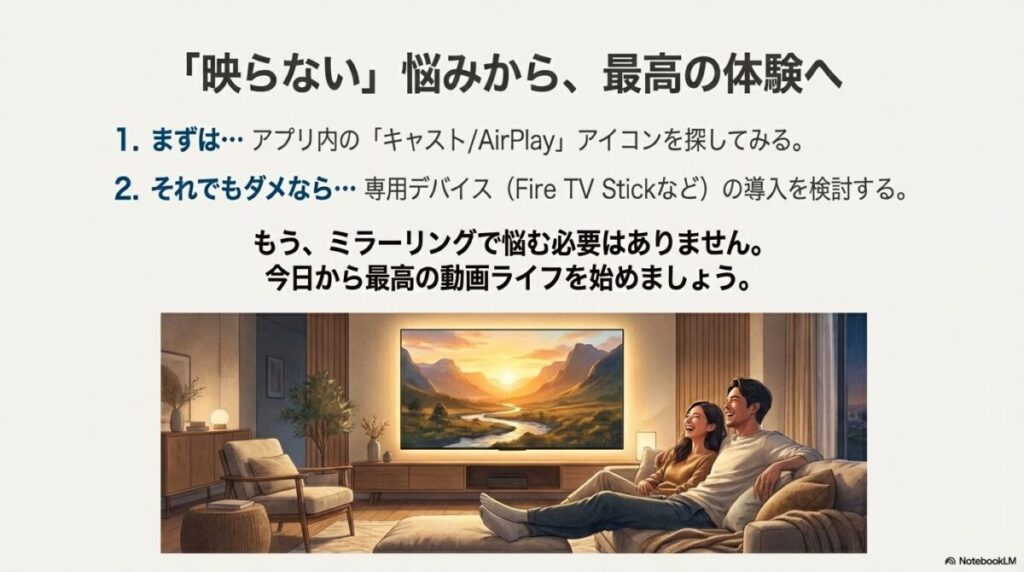 ソファでくつろいで映画を楽しむカップルのイラスト。1.アプリ内キャストを試す、2.専用デバイス導入を検討するという、解決への2ステップをまとめたスライド。