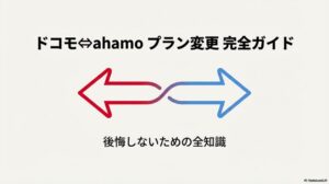 ドコモとahamoのプラン変更を解説する完全ガイドのタイトルスライド。赤と青の矢印が交差するデザイン。