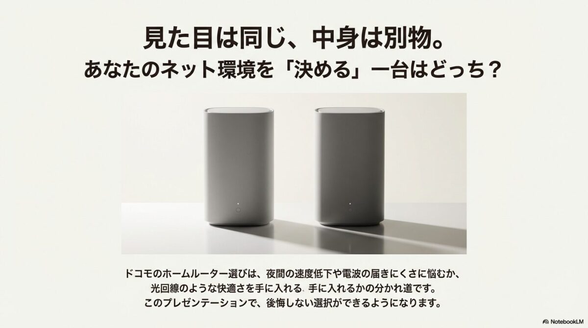 ドコモのホームルーターHR01とHR02が並んだ写真。見た目は似ているが中身は別物であることを示唆する導入スライド。