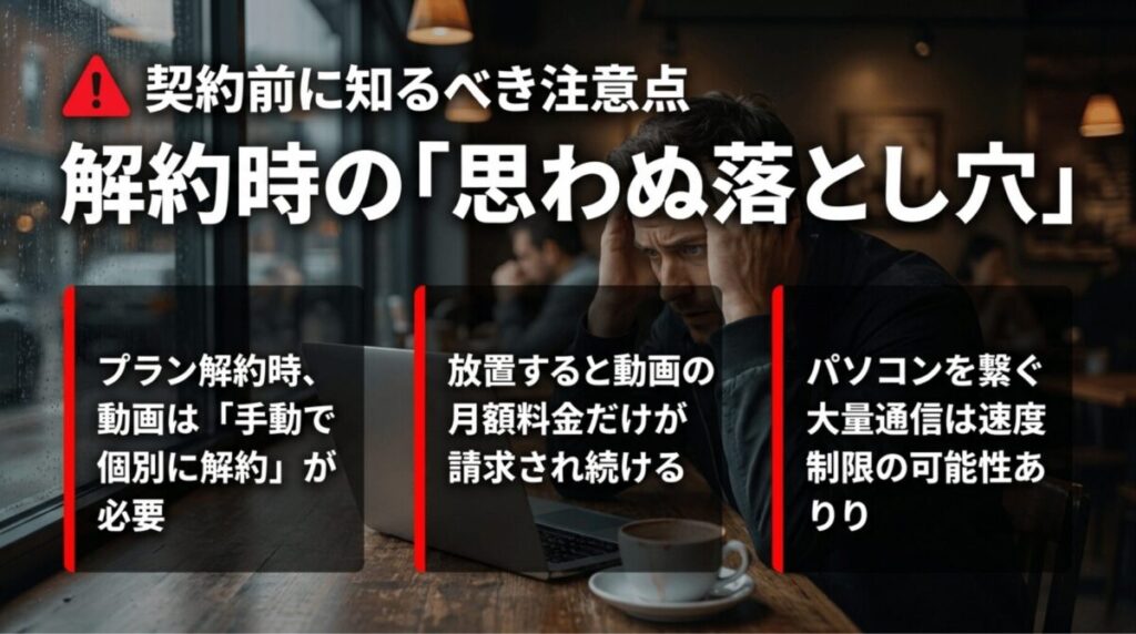 ドコモ MAXの解約時にサブスクの個別解約が必要なことや、大量通信時の速度制限リスクを説明するスライド