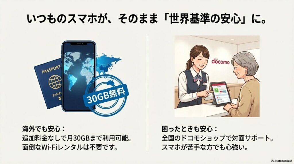 海外30GB無料のローミング特典と、全国のドコモショップでの対面サポート体制の紹介
