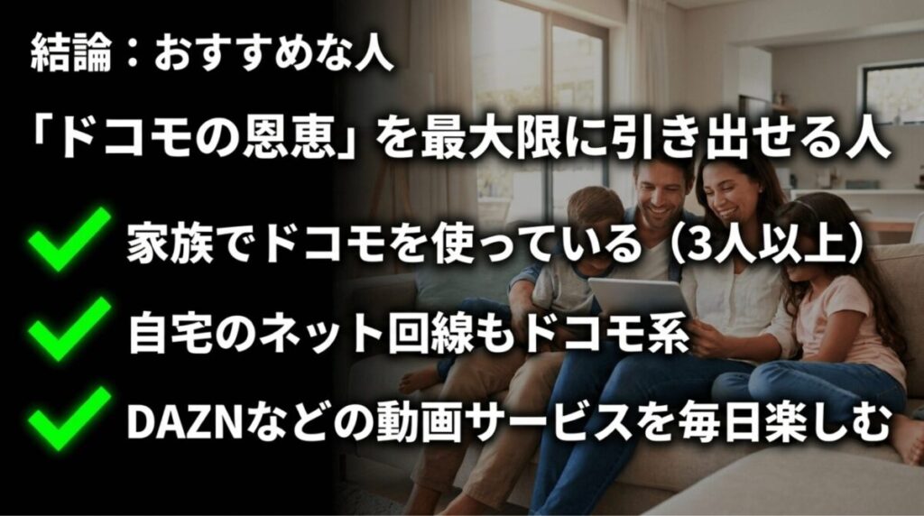 家族でドコモを使い、自宅回線もドコモ系で、DAZNなどの動画サービスを楽しむ人に向いていることを示すスライド