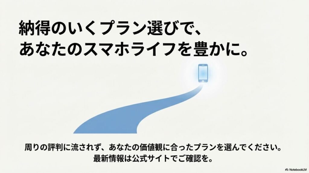 自分の価値観に合ったプラン選びを推奨する、ドコモ公式サイトへの誘導を含むクロージングメッセージ