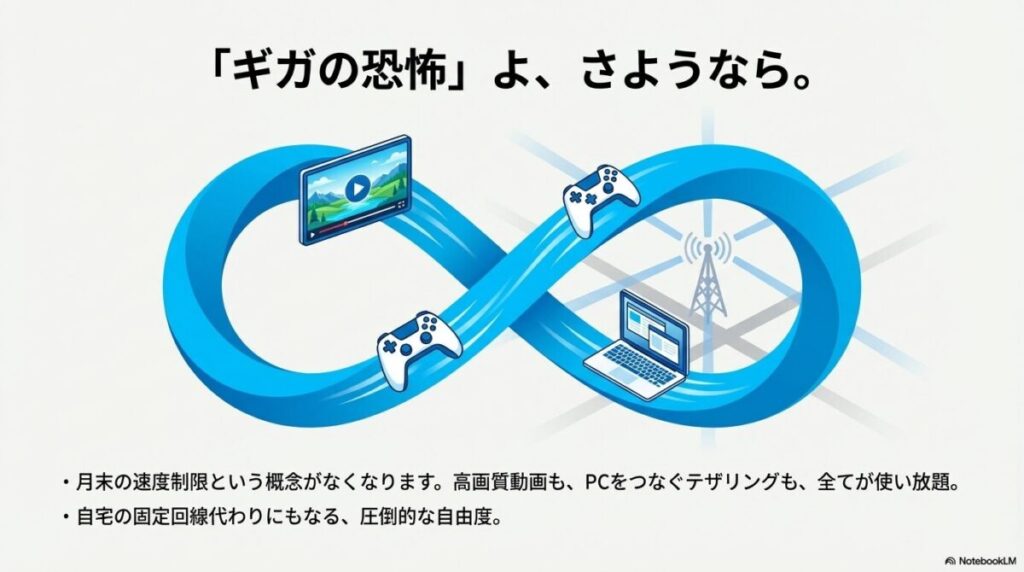 データ通信とテザリングが完全無制限で、自宅の固定回線代わりにもなる自由度を説明するイラスト