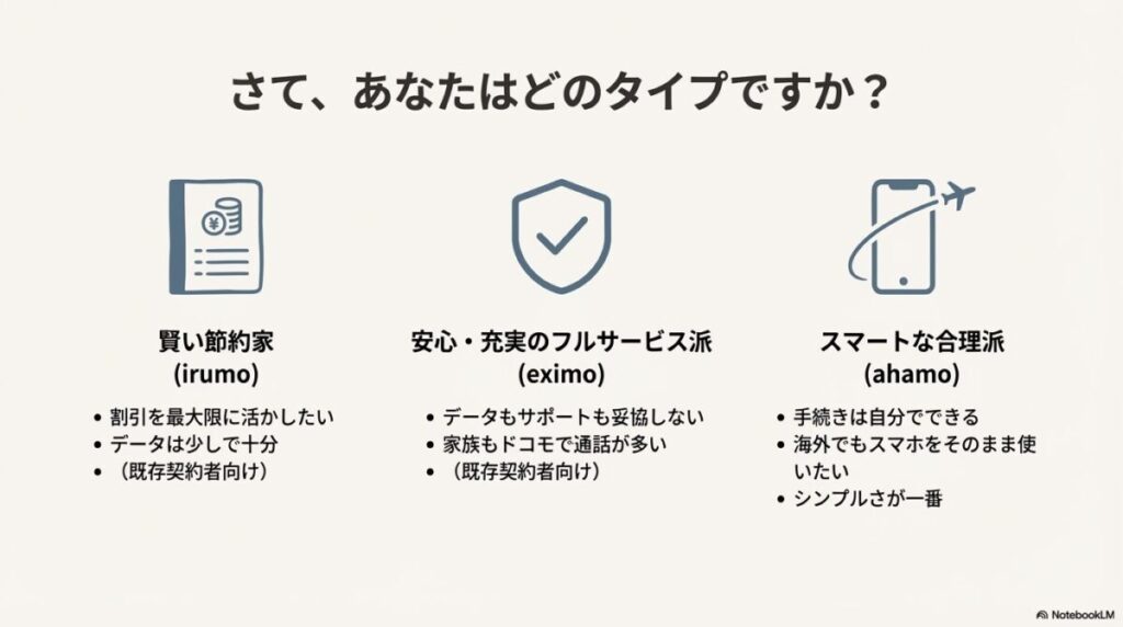 各プランのターゲット層(節約家、フルサービス、合理派)を再確認するまとめスライド。