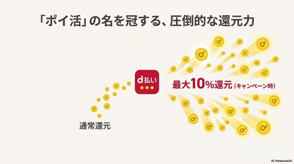 d払い利用時に通常還元に加えてキャンペーン等で最大10%還元されるイメージ図